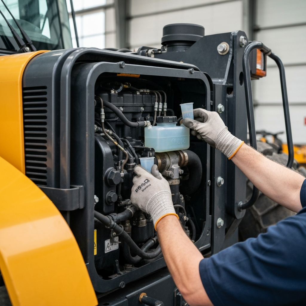 Close-up on gloved hands checking fluid levels of a wheel loader in a well-lit garage, soft focus on the background, highlighting the mechanical details of the engine.