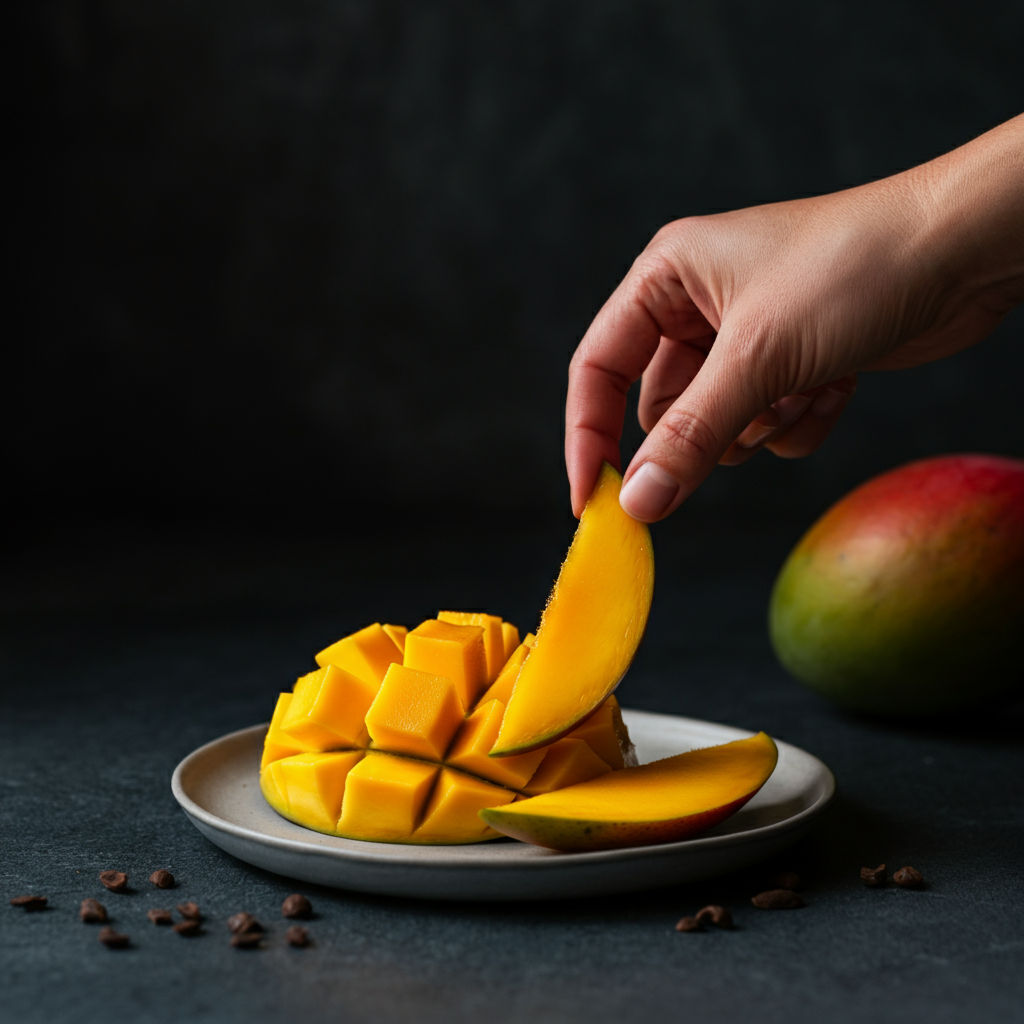 A hand reaching for a slice of mango from a plate. Soft, natural lighting creating a sense of warmth and inviting the viewer to partake.