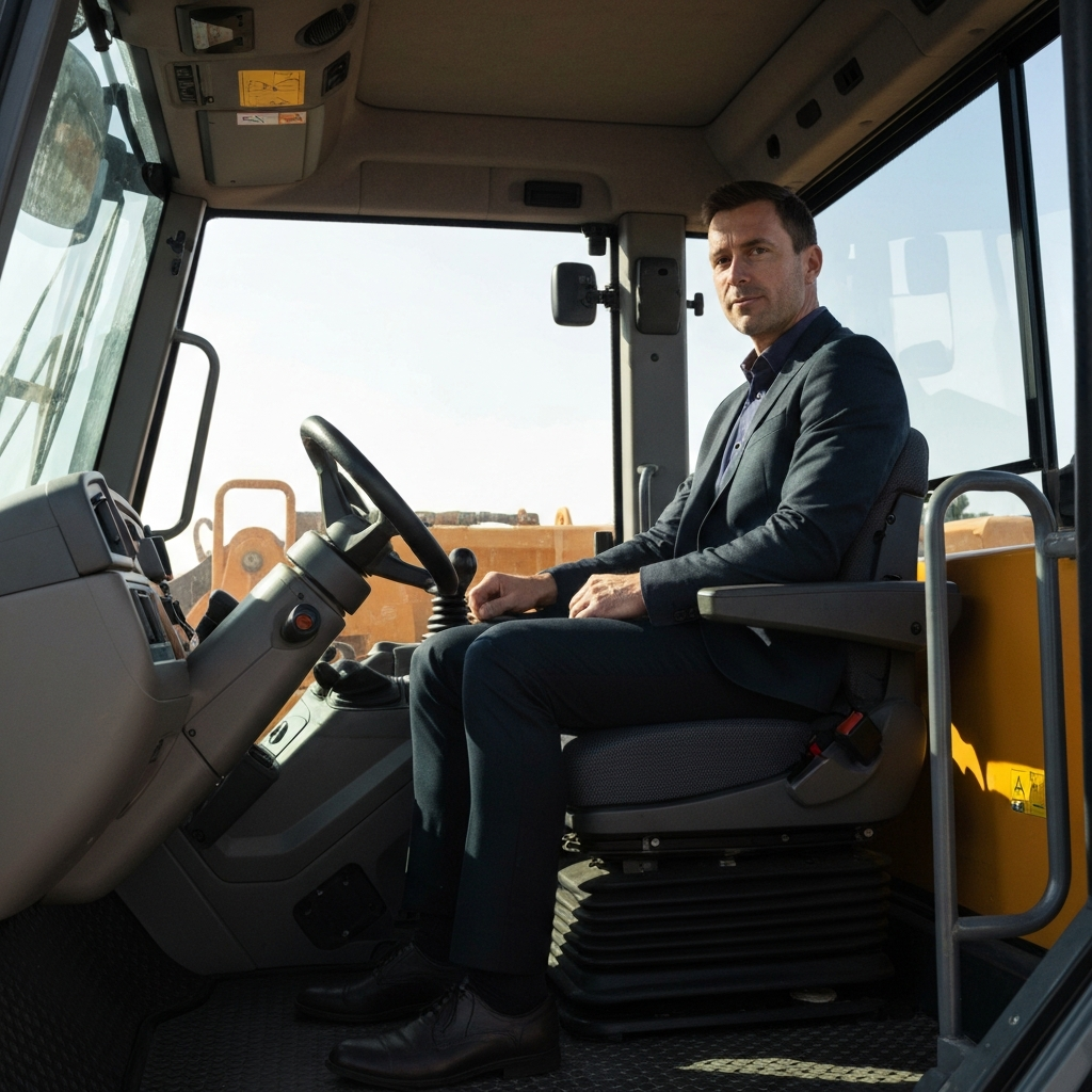 Wide shot of a wheel loader cab interior during daylight. The seat is adjusted, seatbelt fastened, hands resting on the steering wheel with natural sunlight streaming in. Cab is clean and organized.