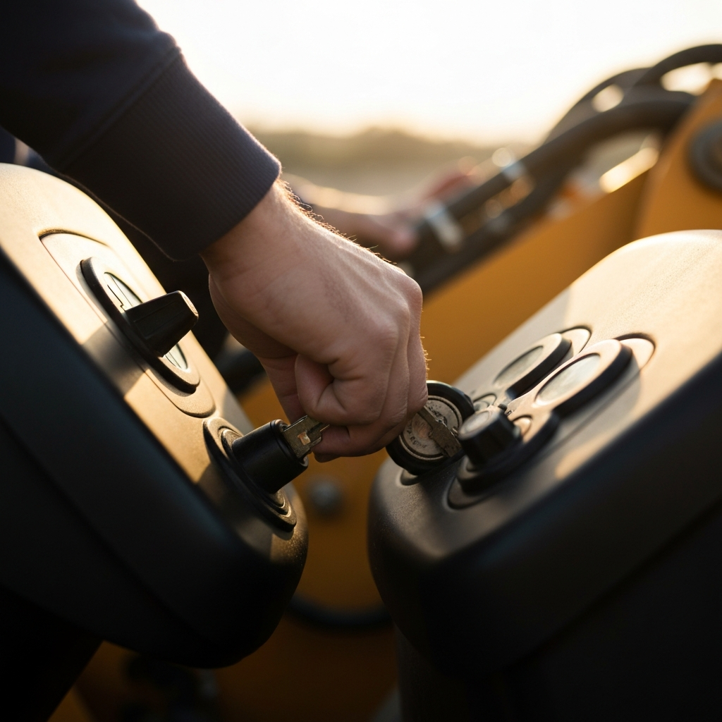 Medium shot of a hand inserting a key into the ignition of a wheel loader, focus on the ignition switch and the surrounding dashboard, soft bokeh in the background.