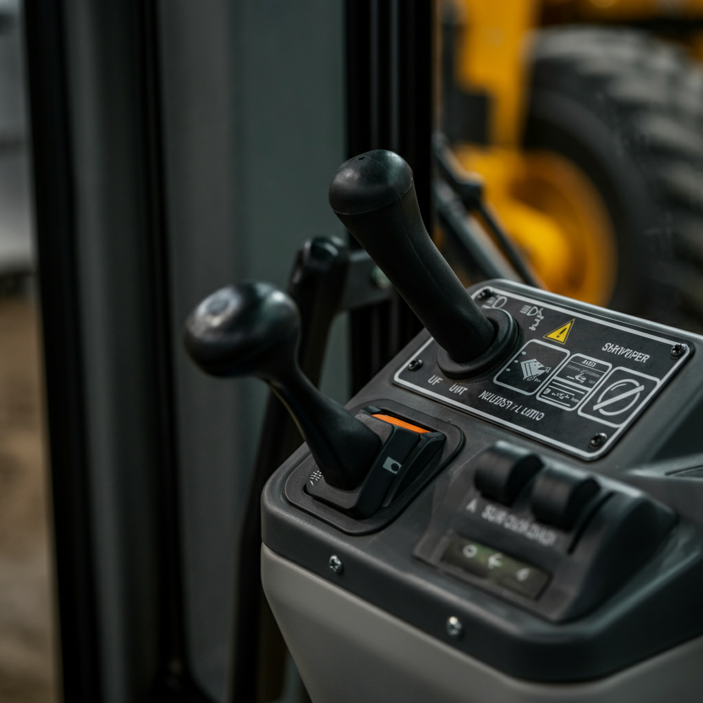Detail shot of the dashboard controls of a wheel loader. Focused on the light switches and wiper control, showcasing their labels and tactile details, side-lit texture emphasizing material quality.