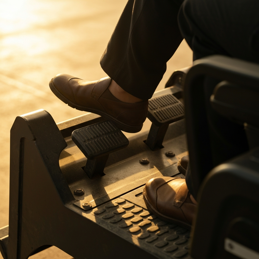 Close-up shot of the operator's feet on the accelerator and brake pedals of the wheel loader, showing the textured surface of the pedals and the surrounding floor, golden hour lighting.