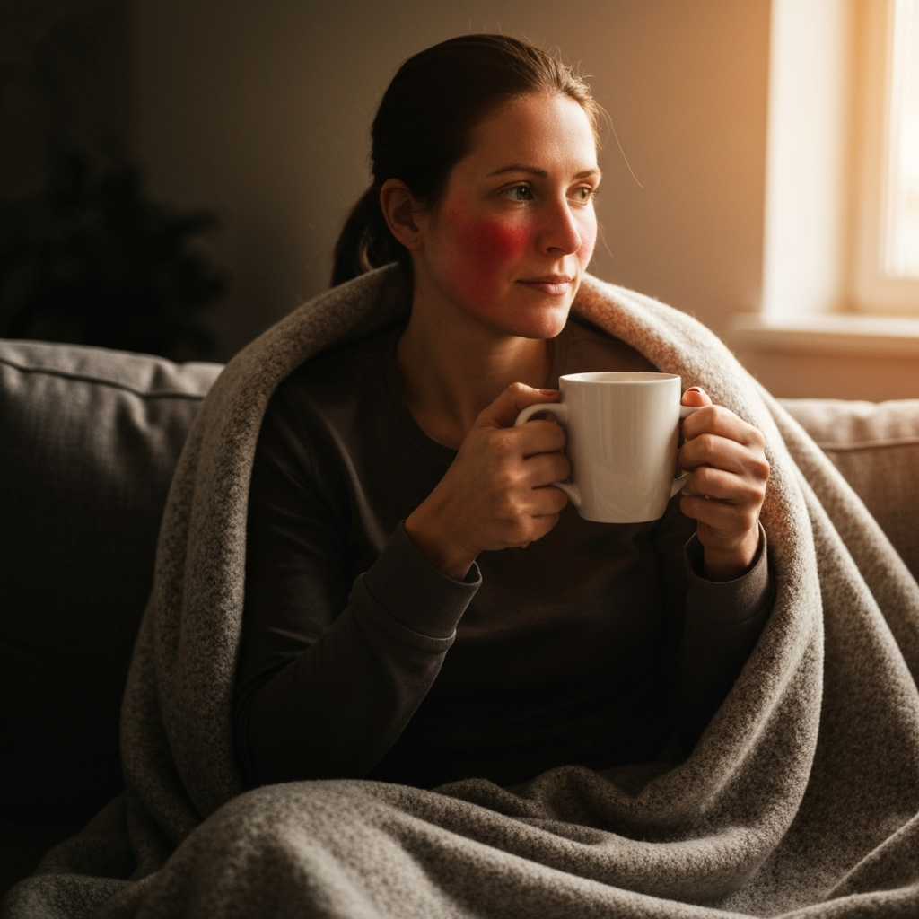 A person sitting on a sofa, wrapped in a blanket, holding a mug of tea. Soft, diffused light illuminates their face, highlighting a slight redness in their cheeks. The background is blurred, suggesting a comfortable and supportive home environment.