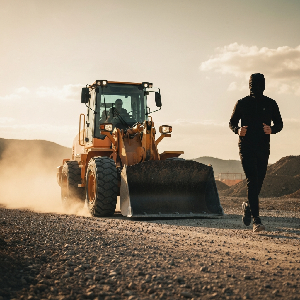 Side view of a wheel loader moving slowly forward on a gravel road, dust kicking up slightly from the tires, a blurred background of a construction site.