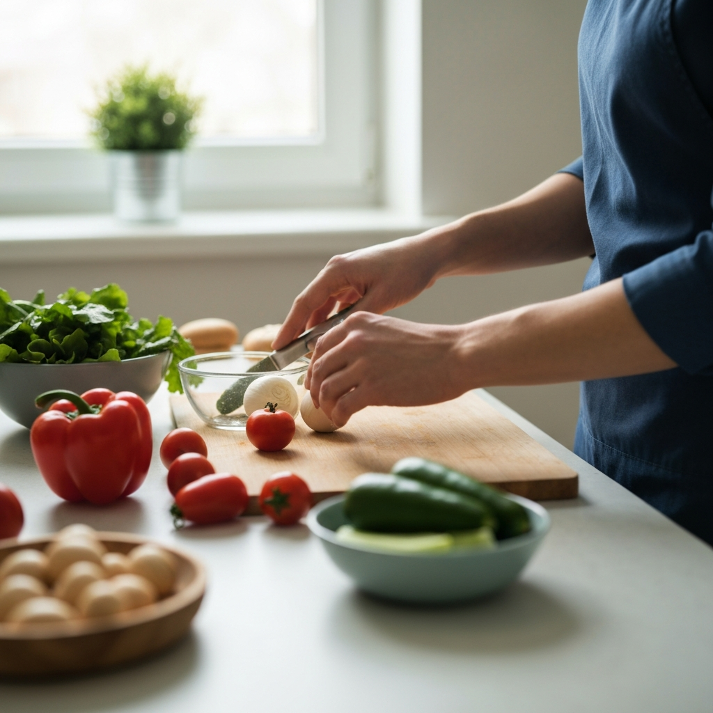 A close-up shot of a person's hands preparing a healthy meal in a bright kitchen. Natural light from a nearby window illuminates the fresh vegetables and ingredients. The focus is sharp on the ingredients, emphasizing their textures and vibrant colors.