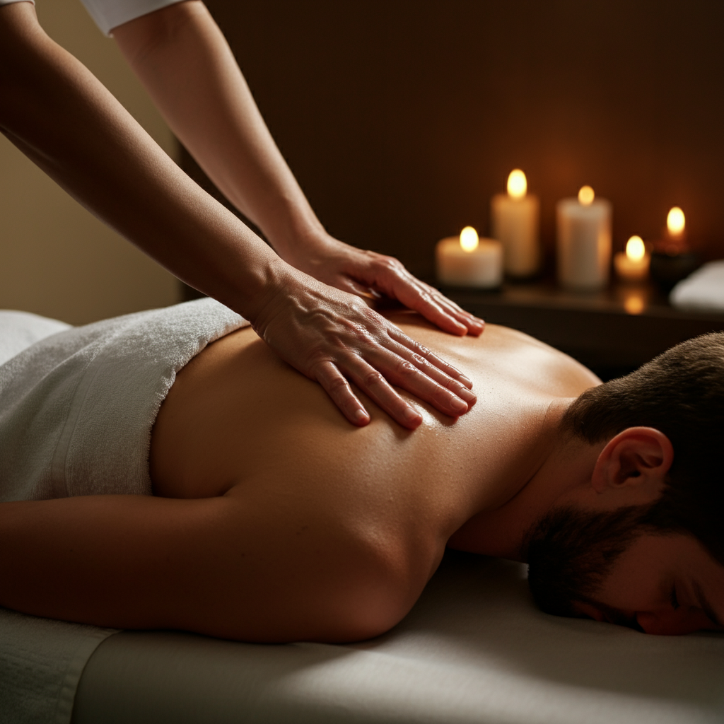 A person receiving a shoulder massage in a spa setting. Soft, ambient lighting creates a relaxing atmosphere. The focus is on the masseuse's hands and the person's relaxed expression.