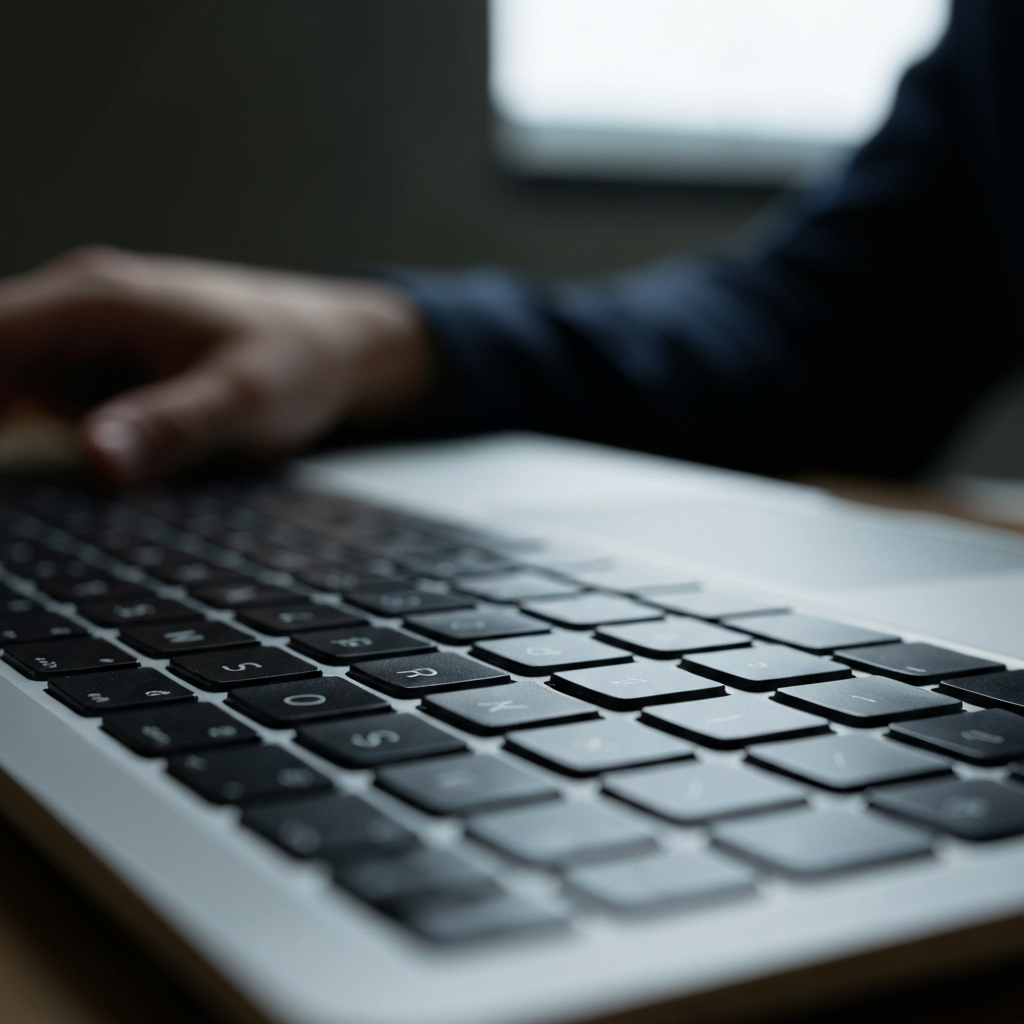 Close-up of a silver laptop keyboard in a dimly lit office. Focus on the Windows key and the 'i' key, slightly blurred, with soft bokeh in the background.