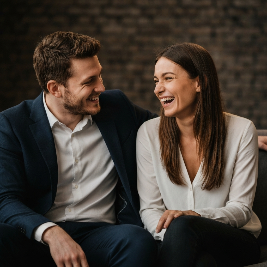 A couple sitting together on a couch, talking and laughing. Warm, inviting lighting illuminates their faces, highlighting their expressions of affection and connection. The focus is on their interaction and shared joy.