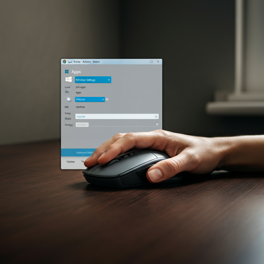 A hand hovering over a computer mouse on a dark wood desk, guiding the cursor towards the "Apps" setting within the Windows Settings window. Soft, diffused light from a nearby window illuminates the hand and the mouse.