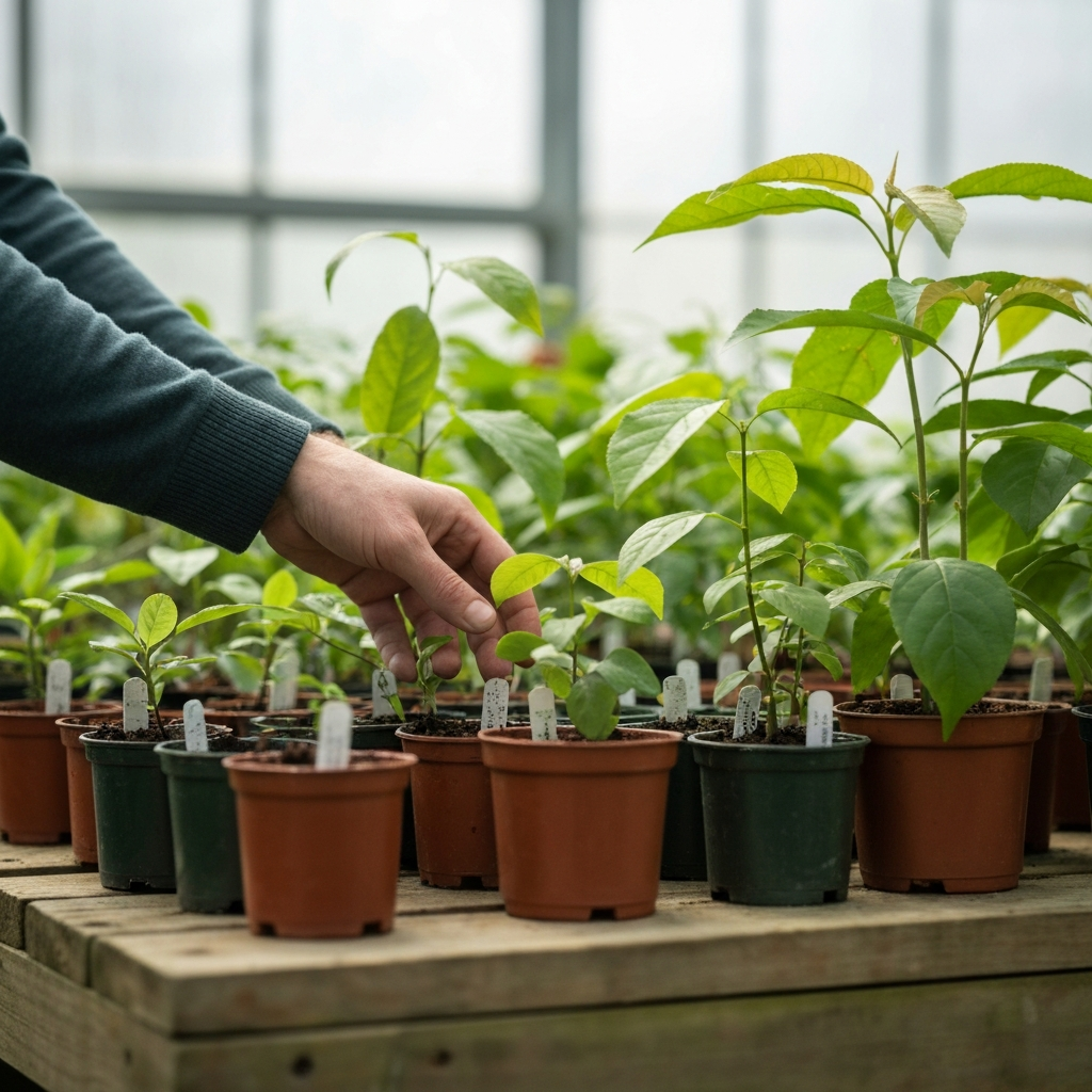 Close-up shot of a hand carefully examining a selection of diverse fruit saplings in individual pots, backlit by soft, diffused sunlight in a greenhouse. The pots are arranged on a wooden bench, with shallow depth of field emphasizing the textures of the leaves and soil.
