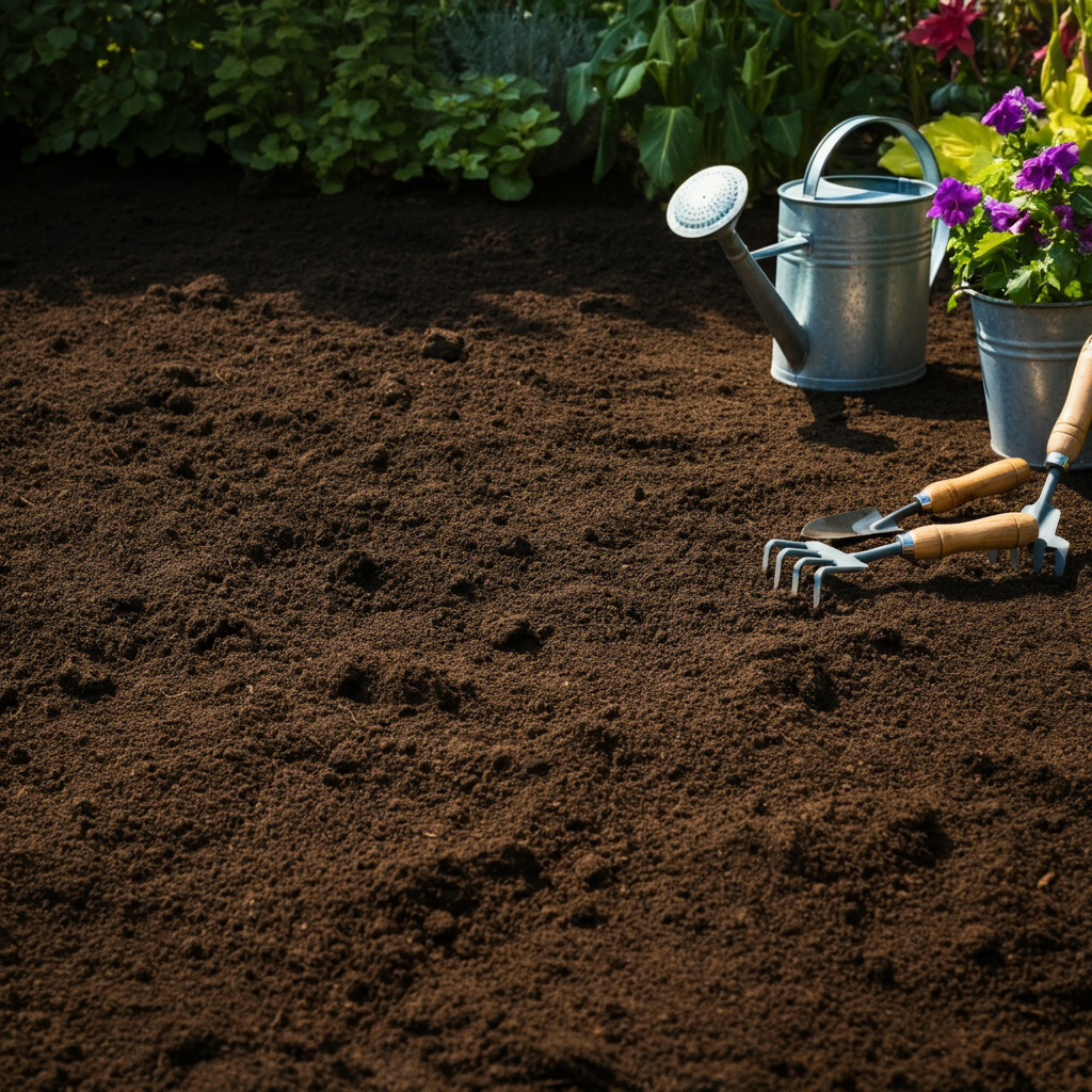 Wide shot of a well-maintained garden bed with rich, dark soil. Gardening tools, such as a trowel and hand rake, are neatly placed beside the bed. A watering can sits nearby, and the scene is bathed in the warm, golden light of early morning, highlighting the soil's texture.