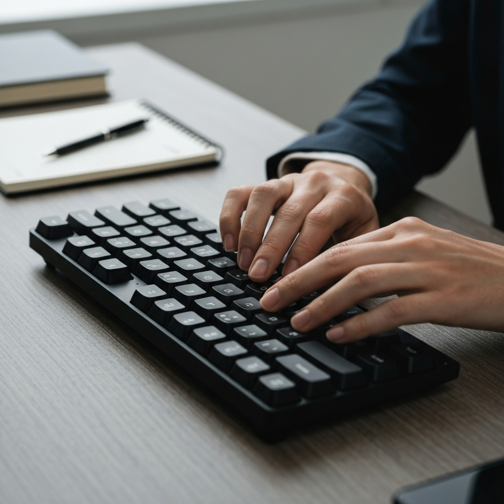 A person's hands pressing the Ctrl, Shift, and Esc keys on a black keyboard. The desk is organized and clean, with a notepad and pen nearby. Side-lit textures emphasize the keys.