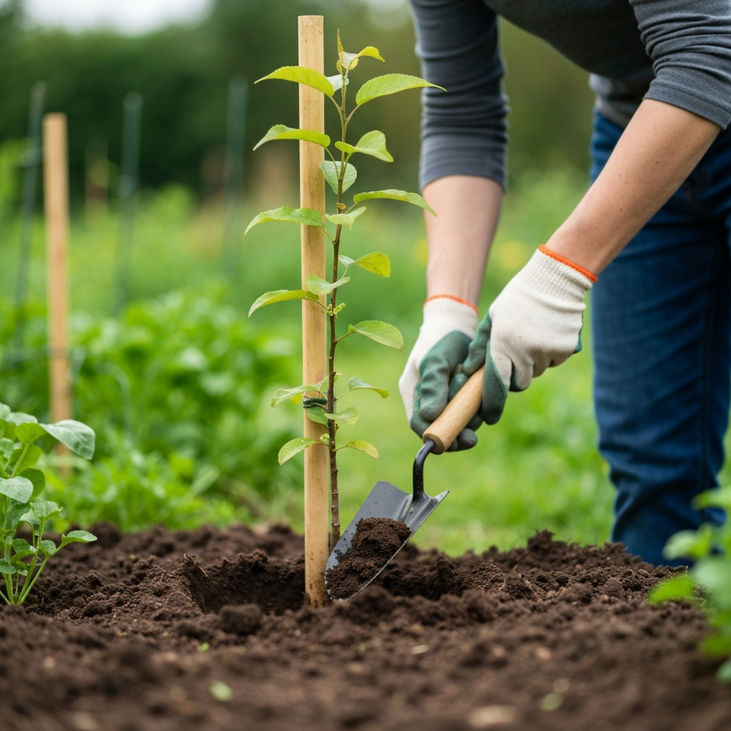 Medium shot of a person carefully planting a young fruit tree sapling in a garden. The person is wearing gardening gloves and using a trowel to gently backfill the hole. The sapling is upright and supported by a wooden stake. Soft bokeh in the background shows other healthy plants in the garden.