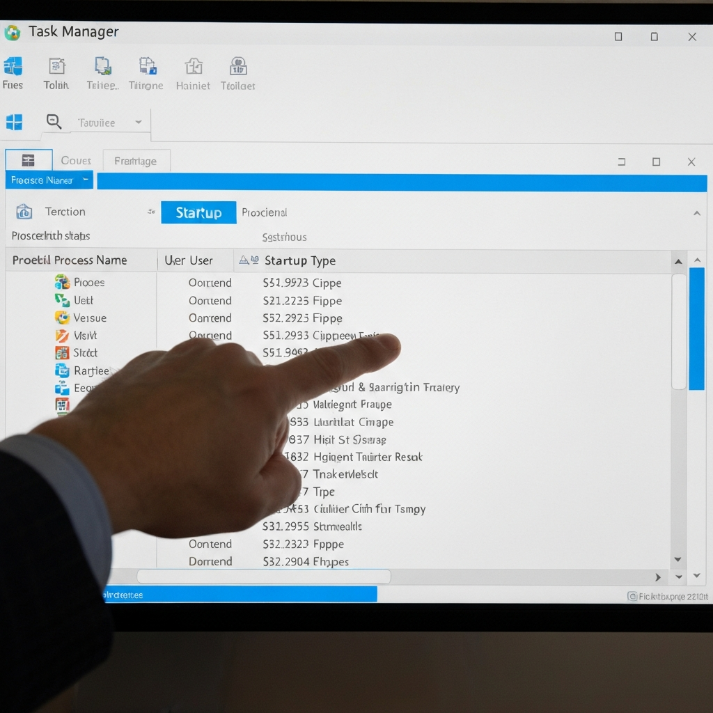 A computer screen showing the Task Manager window. The "Startup" tab is highlighted, and a hand is pointing towards the "Status" column. The screen is clean and sharp, with clear typography.