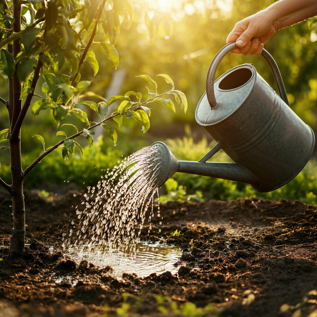 Close-up shot of a person's hand gently watering a fruit tree using a watering can. The sunlight filters through the leaves, creating dappled shadows on the ground. The soil is moist and dark, and the tree appears healthy and vibrant.