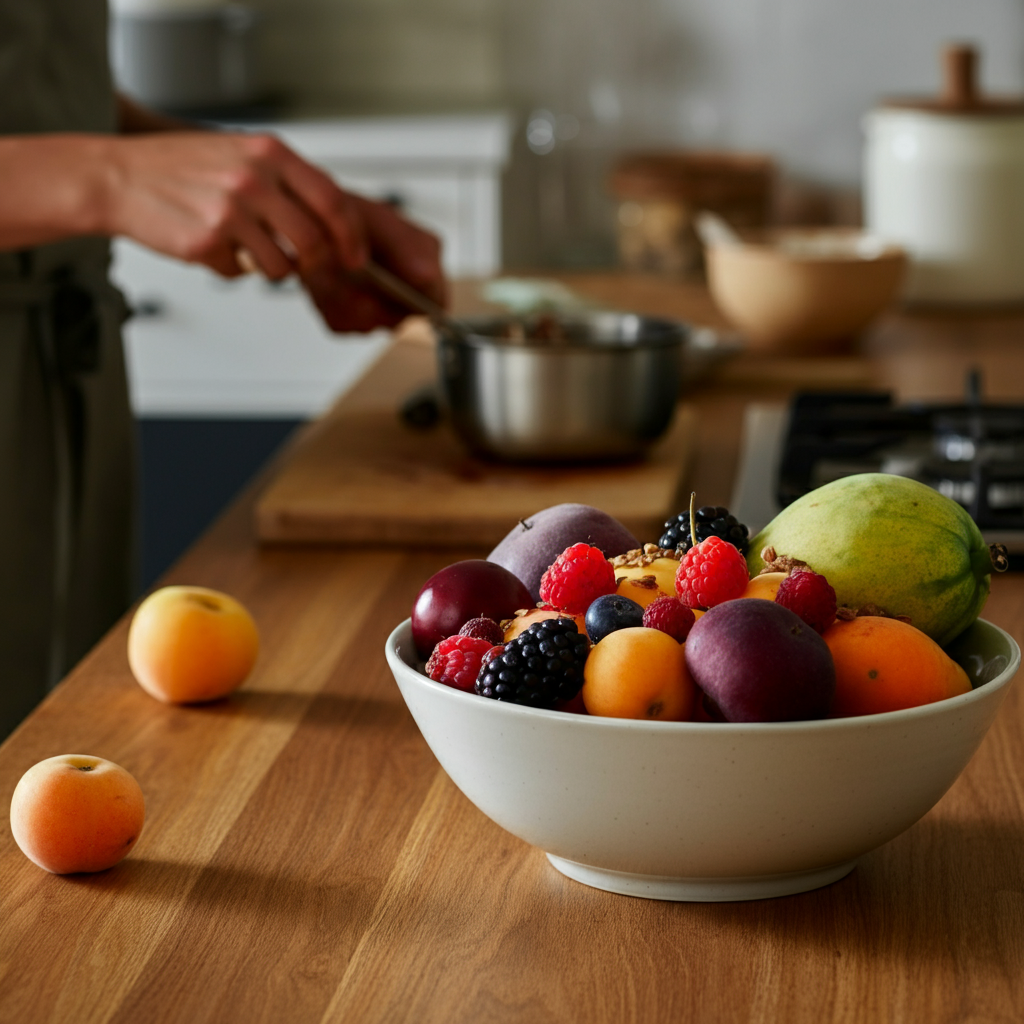 A brightly lit kitchen scene. A bowl filled with freshly harvested, colorful niche fruits sits on a wooden countertop. In the background, a person is preparing a dessert with the fruits. The composition emphasizes the vibrant colors and textures of the fruits.