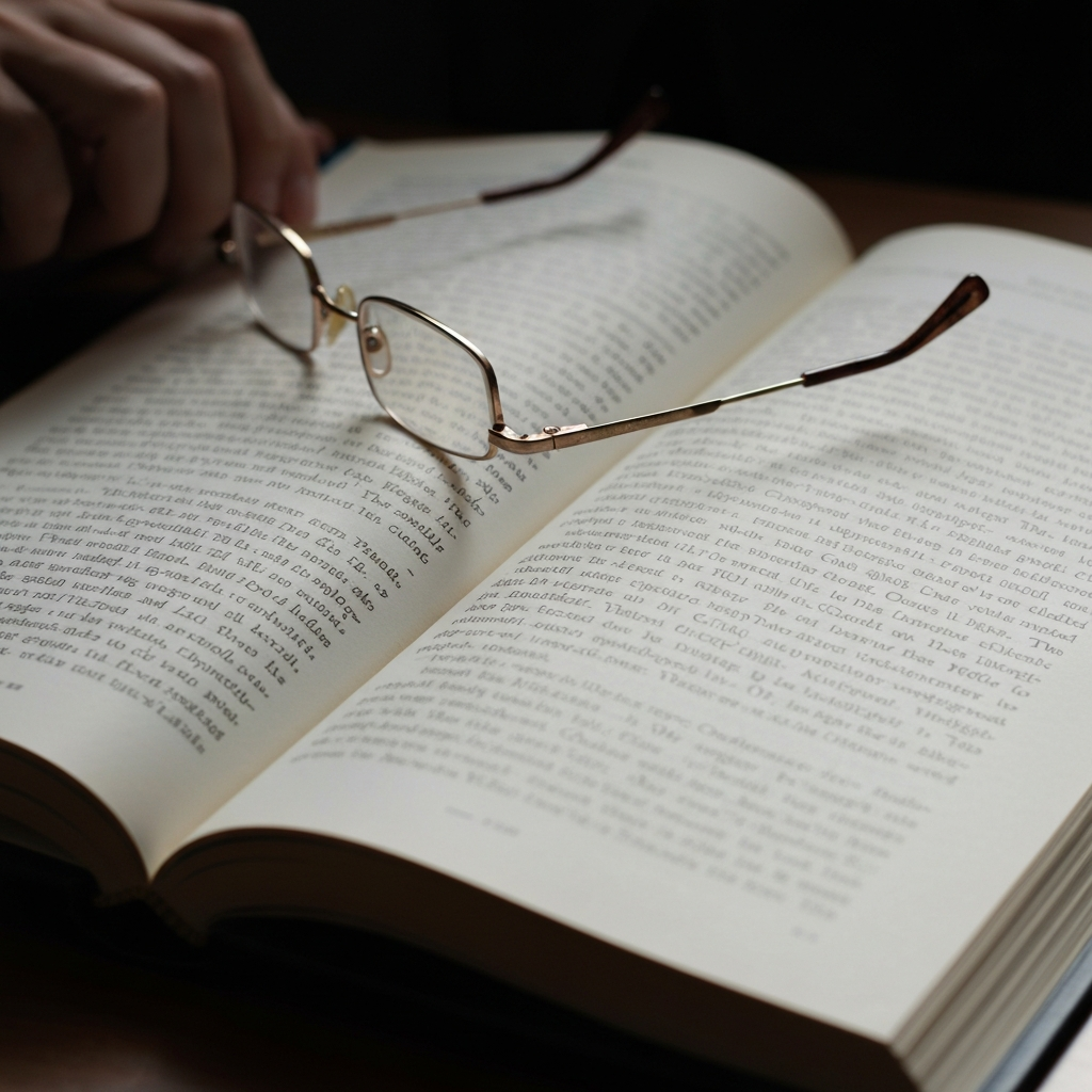 A close-up of a history book open to a page discussing the 1960s Civil Rights movement. The book is slightly worn, with soft, diffused light illuminating the text. A pair of reading glasses rests gently on the open page.
