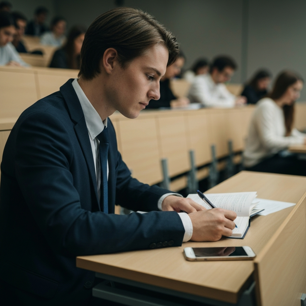 A student sitting at a desk in a well-lit lecture hall. The student has a notebook open and a pen in hand. The student's phone is face-down and slightly out of reach on the desk. Soft bokeh effect highlights the student in the foreground, with rows of other students blurred in the background.