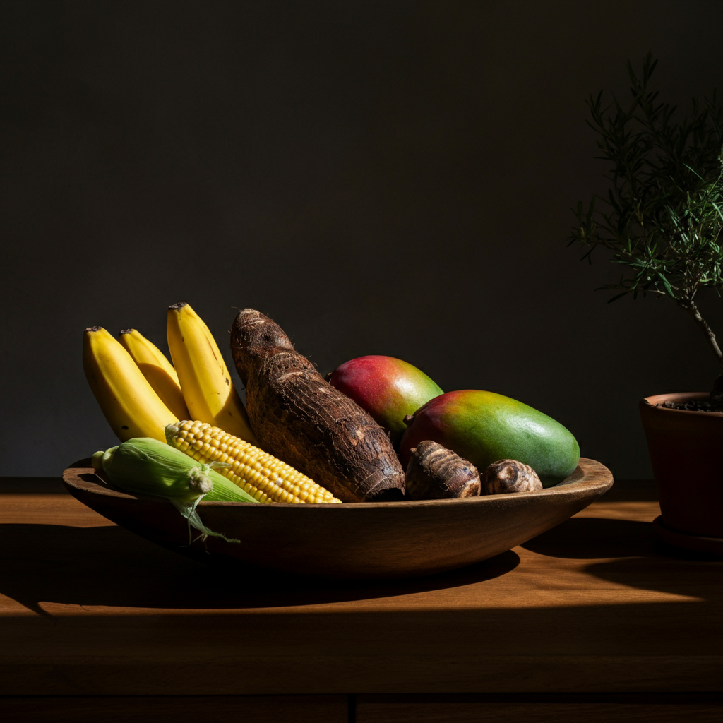 A rustic wooden bowl filled with vibrant fruits and vegetables – yams, plantains, corn, and mangoes. The scene is lit with warm, golden hour sunlight, highlighting the textures of the produce and the wood grain.