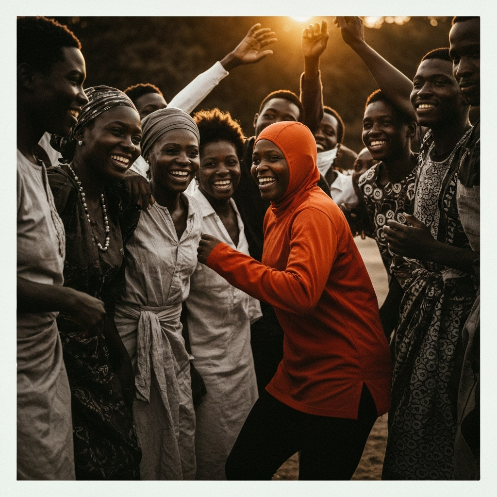 A black and white photograph featuring a group of people gathered together, heads held high, smiling. They are dressed in traditional African clothing. The photo has a slightly grainy texture, suggesting its historical age and the importance of the moment captured.