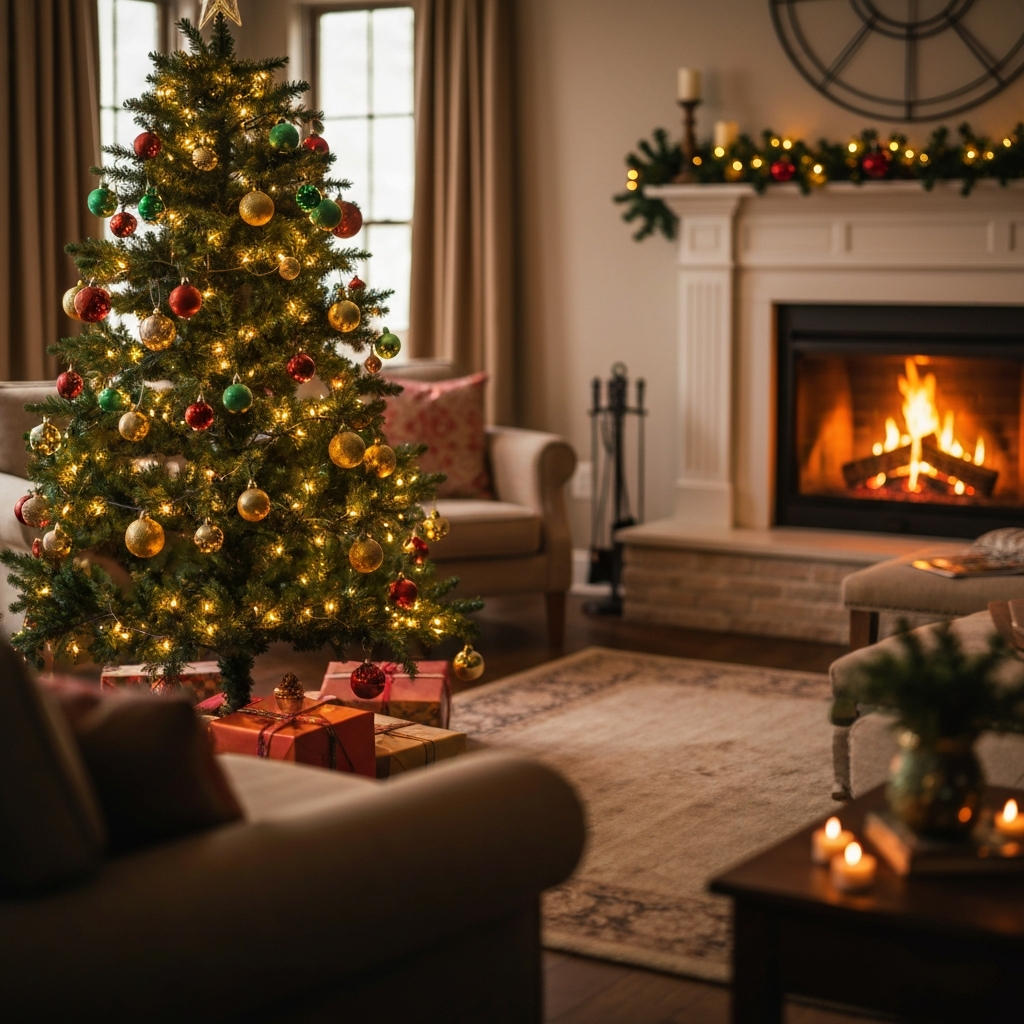 A living room scene showcasing a Christmas tree decorated with lights and ornaments alongside a Kwanzaa setup including the Kinara and Mkeka. Soft, ambient lighting creates a warm and inviting atmosphere. The arrangement shows a harmonious blend of both traditions.