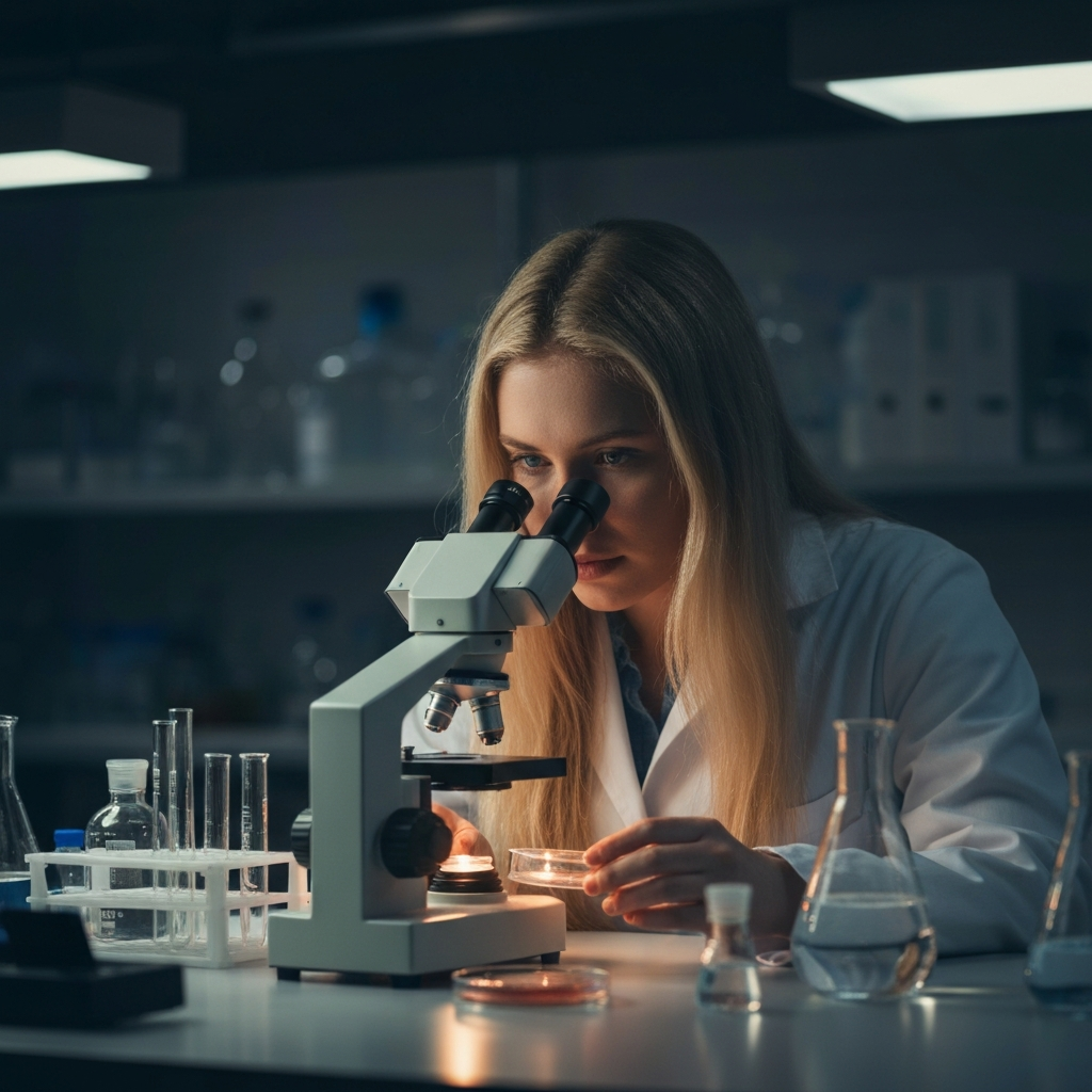A wide shot of a lecture hall with rows of students. Focus is on the front row where a student sits attentively, making eye contact with the professor. The lighting is bright and even, highlighting the professor at the podium.