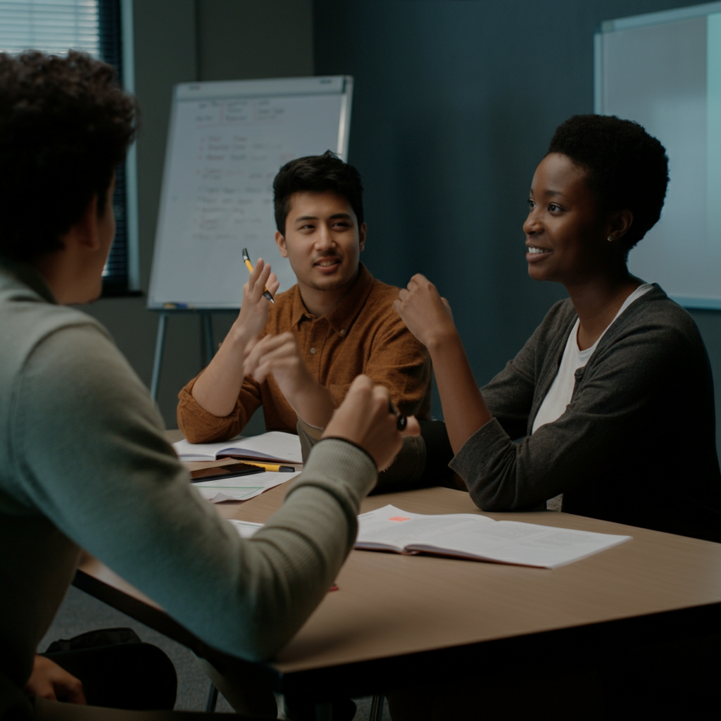 A small group of college students sitting around a table in a study room. They are engaged in a lively discussion, gesturing and making eye contact. The room is brightly lit with a whiteboard visible in the background.