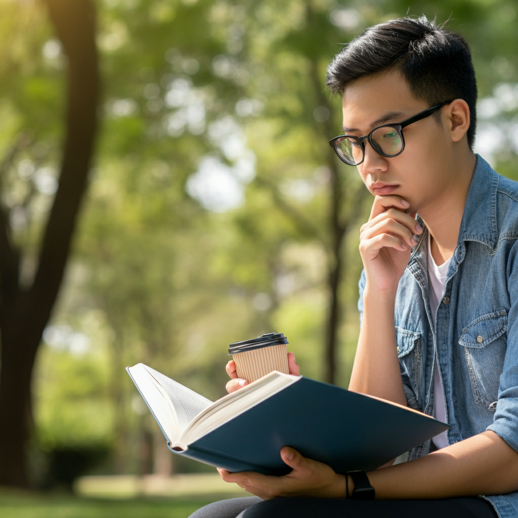 A student sitting in a park, looking thoughtfully at their textbook while holding a coffee cup. The sunlight is diffused, creating soft shadows on their face and the book. Trees and green foliage provide a natural backdrop.