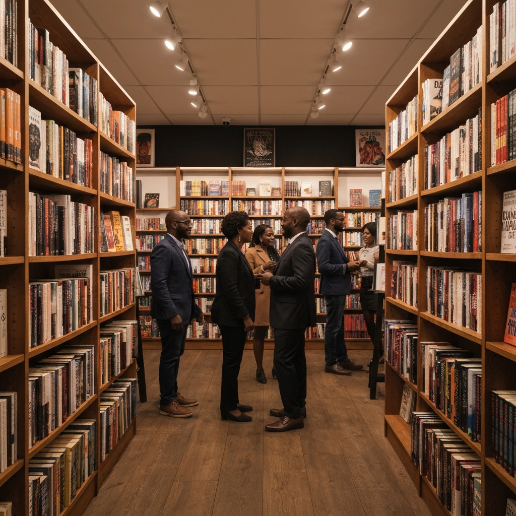 The interior of a bustling Black-owned bookstore. The shelves are filled with books by Black authors and about Black history and culture. The lighting is warm and inviting, creating a comfortable browsing atmosphere. People are browsing the shelves and chatting with the store owner.