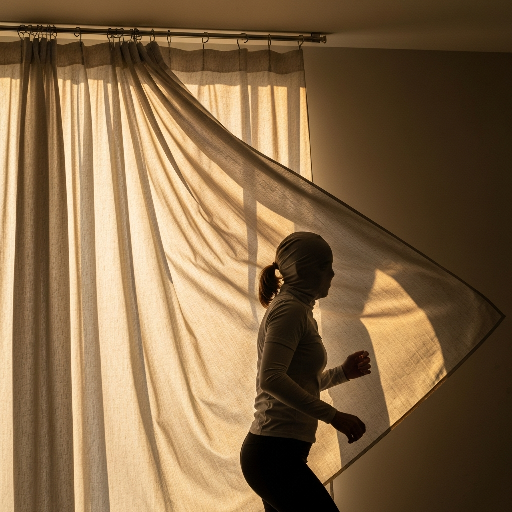 A fabric curtain hanging from a ceiling-mounted rod, gently swaying in a breeze. The fabric is a light, neutral color with subtle texture. Golden hour lighting creates a warm and inviting ambiance.