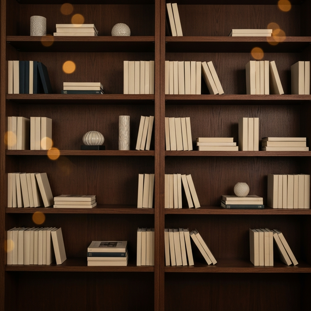 A tall, dark wood bookcase filled with books and decorative objects. The shelves are arranged asymmetrically, adding visual interest. Soft bokeh in the background to highlight the bookcase.