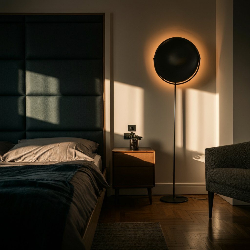 A high-angle shot of a studio apartment where a tall headboard is used to visually separate the sleeping area from the living area. Natural light streams in from a nearby window, casting soft shadows.