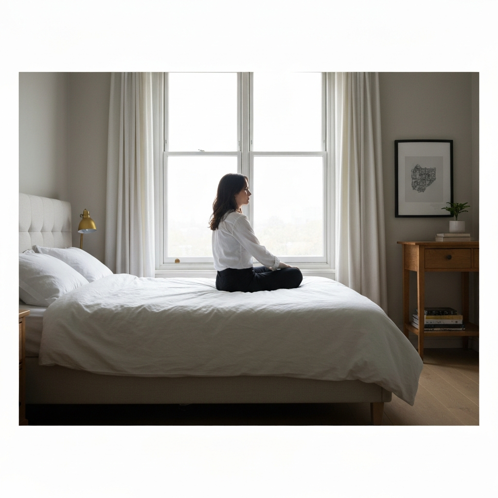 Wide shot of a well-organized and tidy bedroom. Natural light streams through the window, highlighting the clean surfaces and minimalist decor. There are no visible items that would be particularly attractive to others.