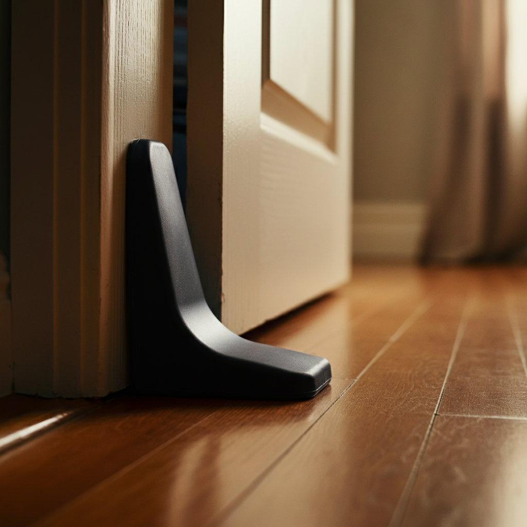 Low-angle shot focusing on a sturdy rubber doorstop wedged firmly under a closed bedroom door. The floor is hardwood, and the lighting is warm and slightly diffused to highlight the textures.