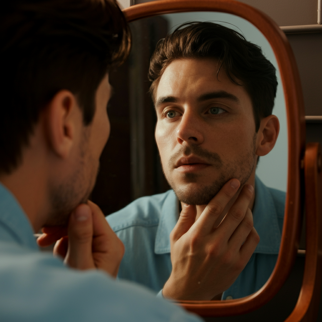 Close-up of a man looking in a mirror, gently touching his jawline, bathed in soft, natural light. Focus on the texture of his skin and the subtle reflections in the mirror.