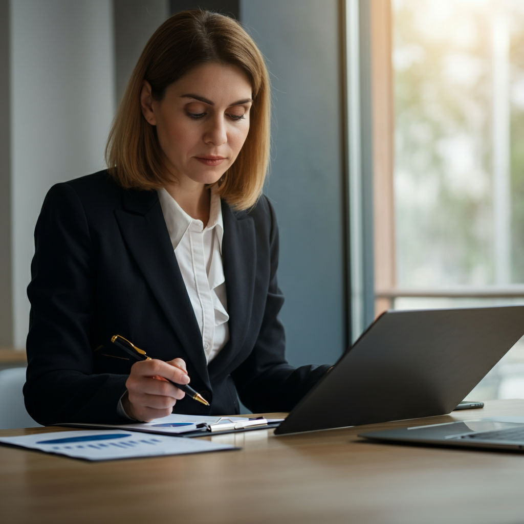 A businesswoman in a modern office setting, reviewing a financial report with a pen, her expression focused and analytical. Natural light streams in from a large window.