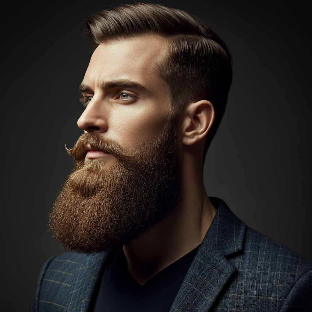 A man with a square face, wearing a stylish royale beard. He is side-lit, highlighting the texture of his beard and the sharpness of his jawline. He is wearing a professional looking blazer.