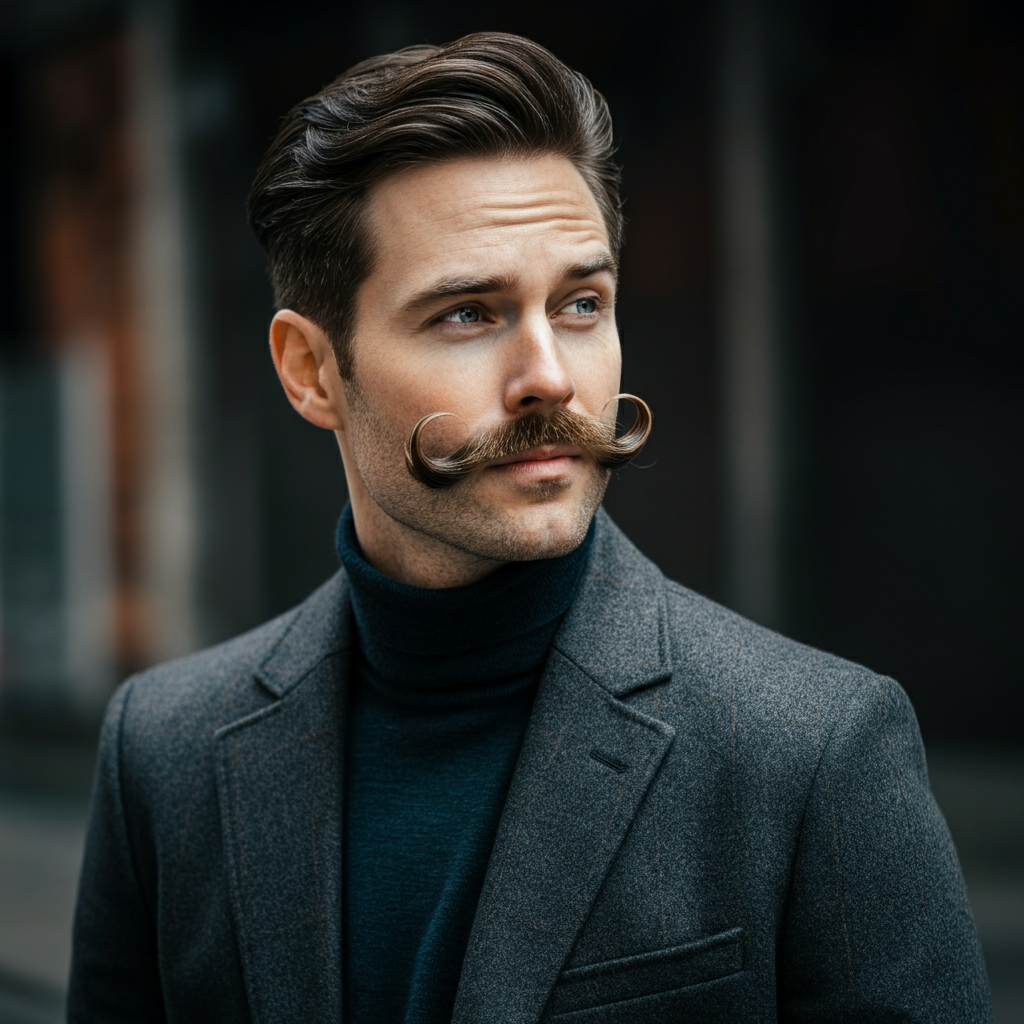 A man with a rectangular face sporting stylish mutton chops. He is looking off to the side with a confident, slightly playful expression. The background is a blurred, urban setting.