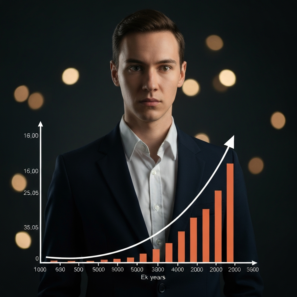 A graph showing an upward-sloping line representing revenue growth over five years, with labels indicating starting and ending values. Soft bokeh in the background.