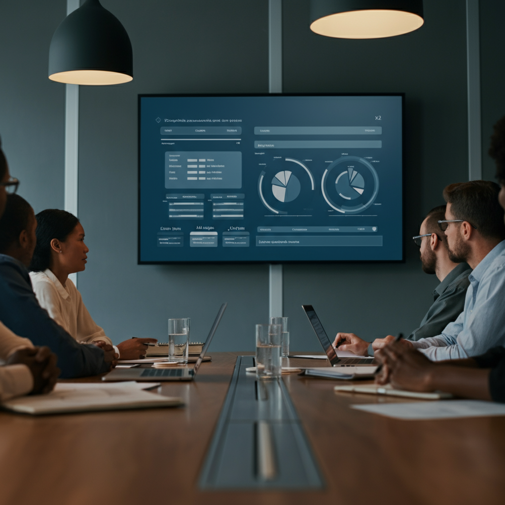 A team of professionals in a boardroom discussing business performance, with charts and graphs displayed on a large screen. The room is well-lit, and the atmosphere is collaborative.