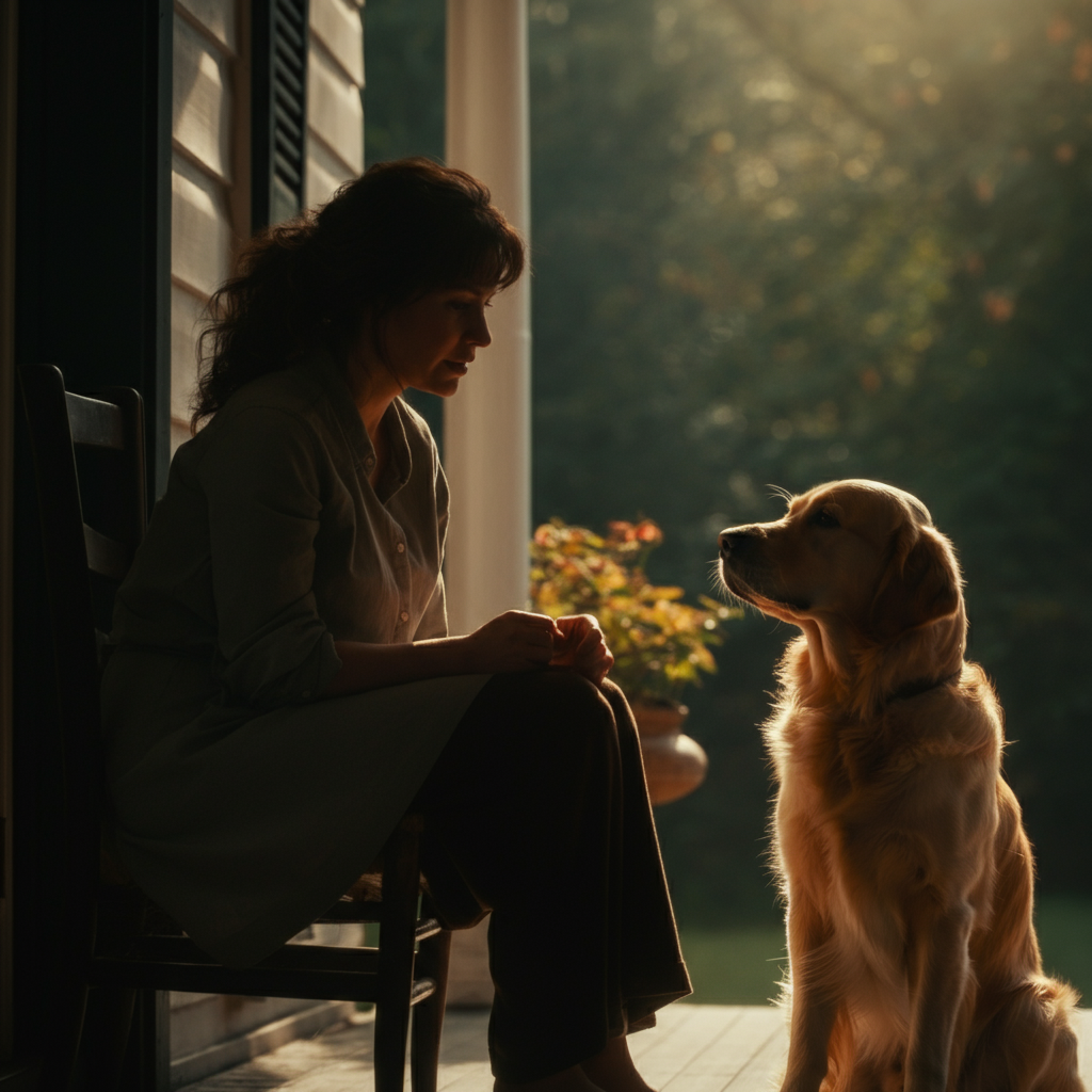 A woman sitting on a sunlit porch, gently petting a golden retriever. Soft focus on the dog's fur, with warm golden hour lighting.