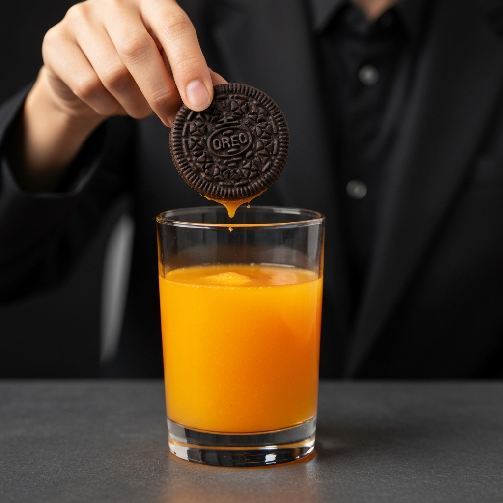 Close-up shot of an Oreo being dipped into a glass of vibrant orange juice. Soft, diffused light highlights the textures of the cookie and the juice.