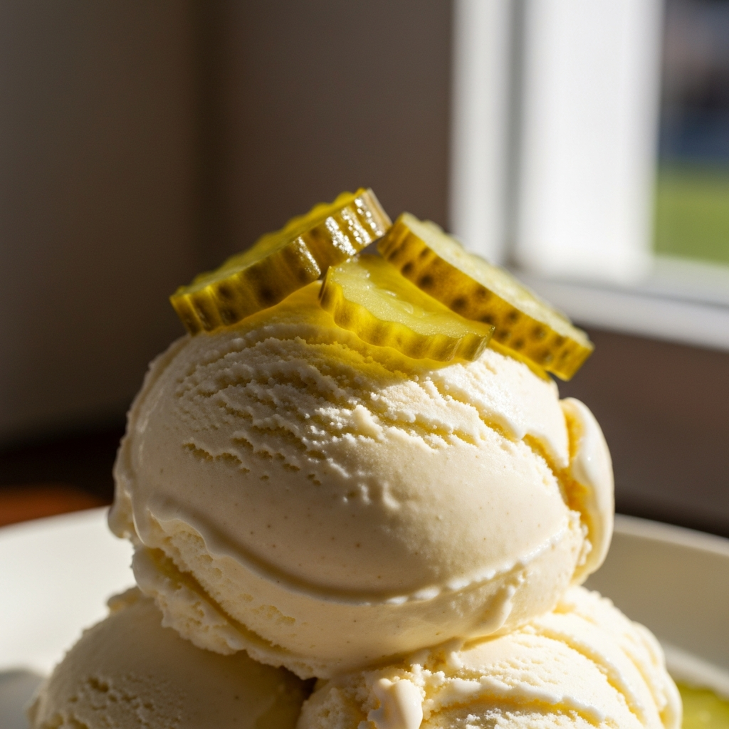 A scoop of vanilla ice cream with sliced dill pickles arranged artfully on top. Natural light from a window showcases the creamy texture of the ice cream.