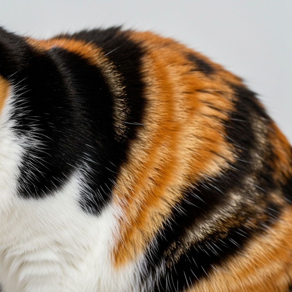 Close-up shot of a calico cat's fur, showing the variety of colors and textures. Soft side-lighting to accentuate the fur's depth.