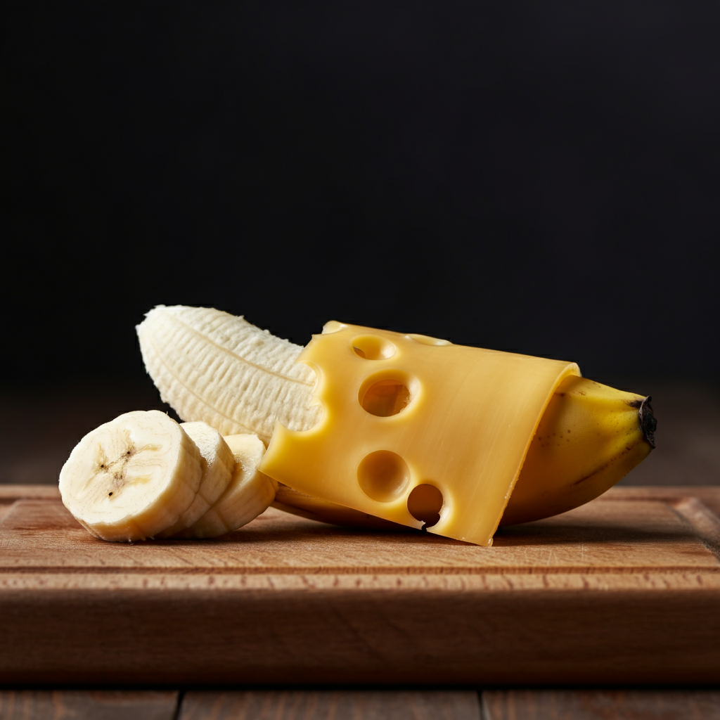 A sliced banana with a piece of American cheese draped over it, placed on a wooden cutting board. Side-lit, emphasizing the textures of the banana peel and cheese.