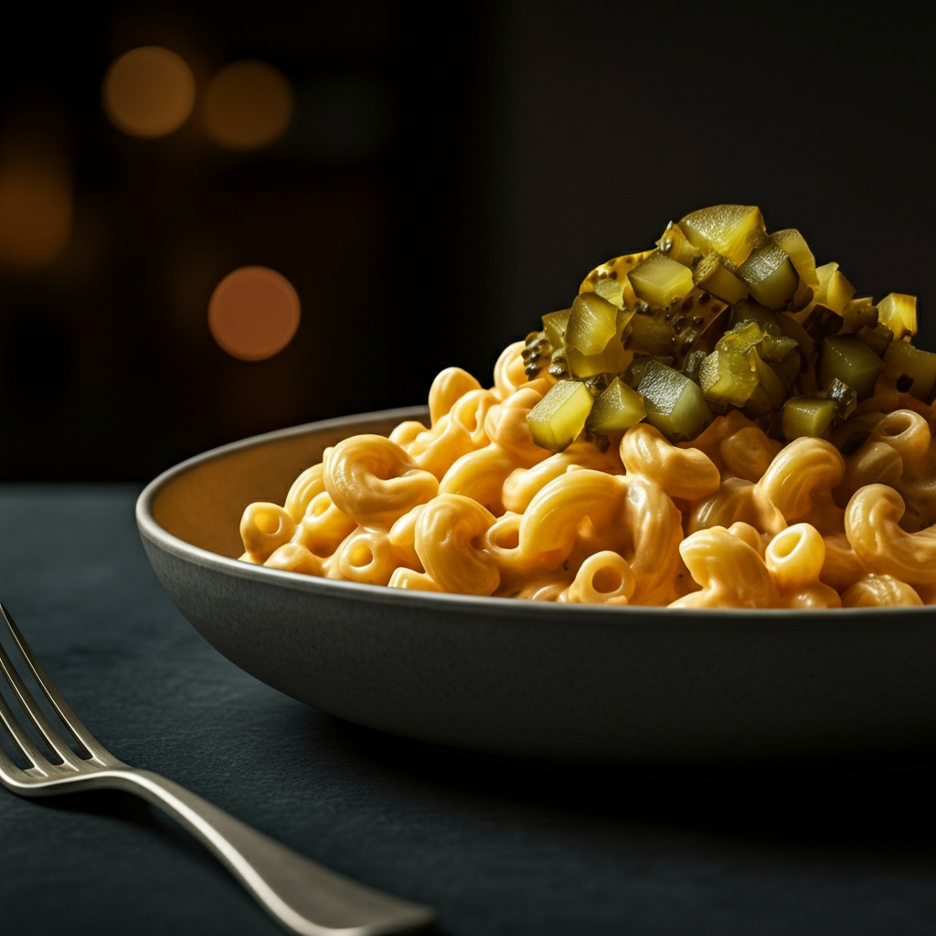 A bowl of mac and cheese with a generous topping of chopped dill pickles. Warm, inviting lighting highlights the creamy texture of the mac and cheese.