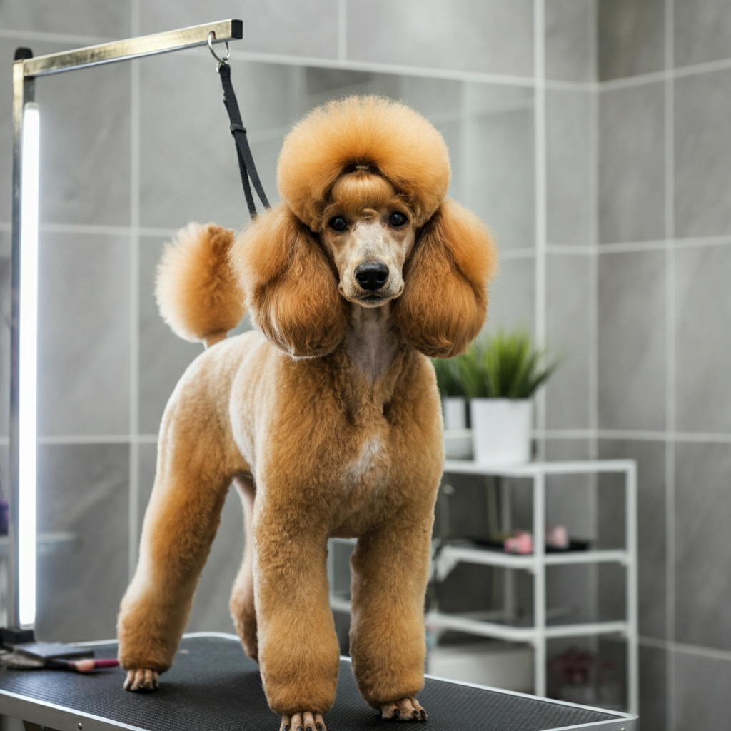 A well-groomed poodle with a perfectly styled haircut, standing proudly on a grooming table. Sharp focus, with a neutral background.