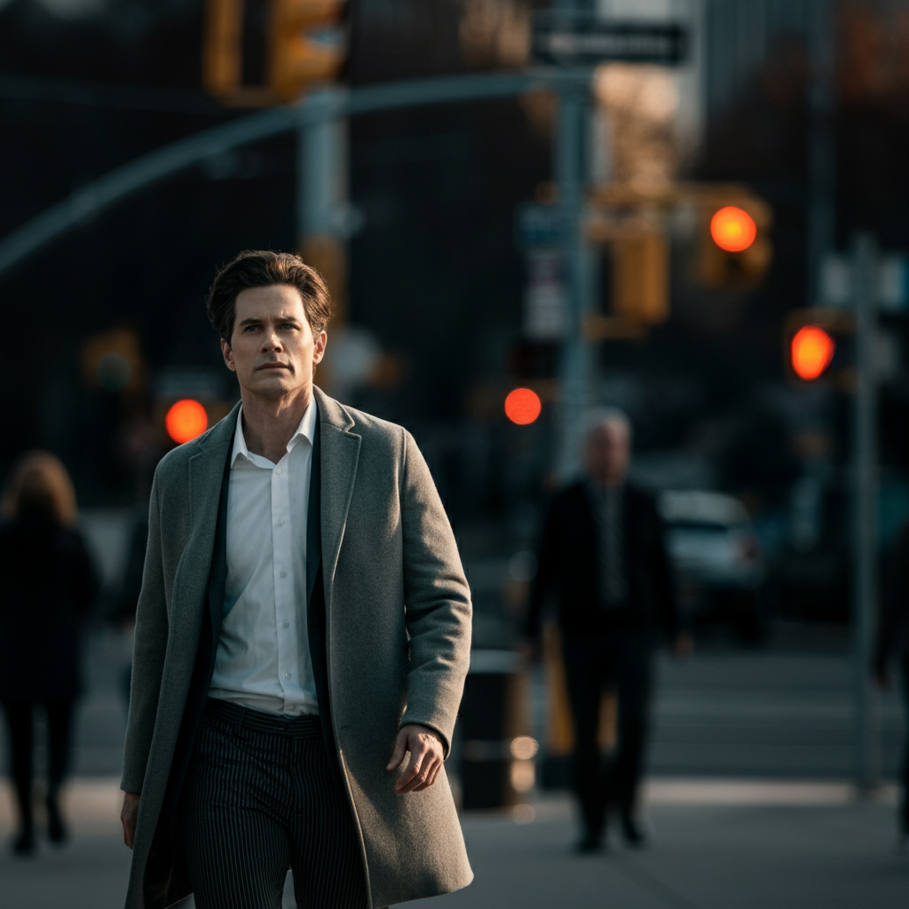 A pedestrian walking down a city street during daylight. The pedestrian is looking around attentively, observing traffic and other pedestrians. Soft focus on the background, emphasizing the pedestrian's alertness.