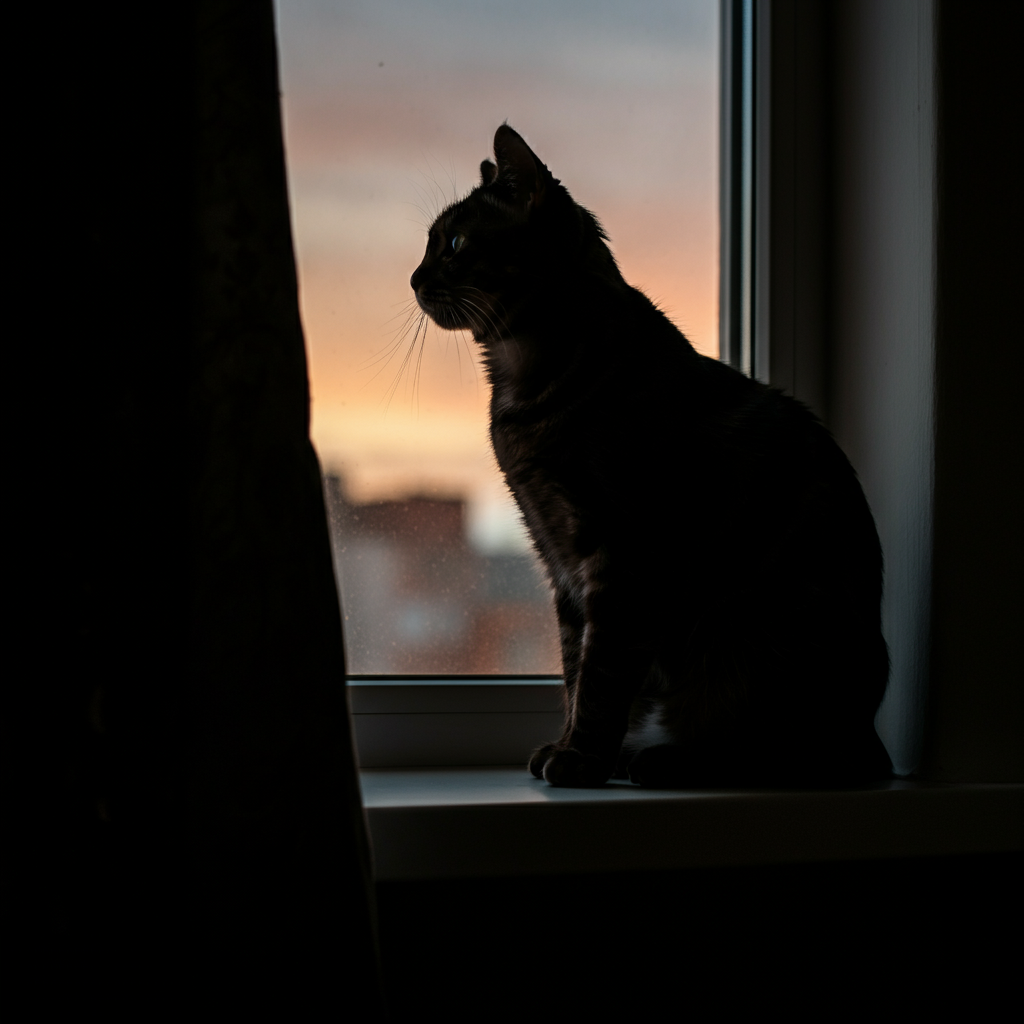 A sleek black cat sitting on a windowsill, silhouetted against the evening sky. Focus on the cat's outline and the dramatic lighting.