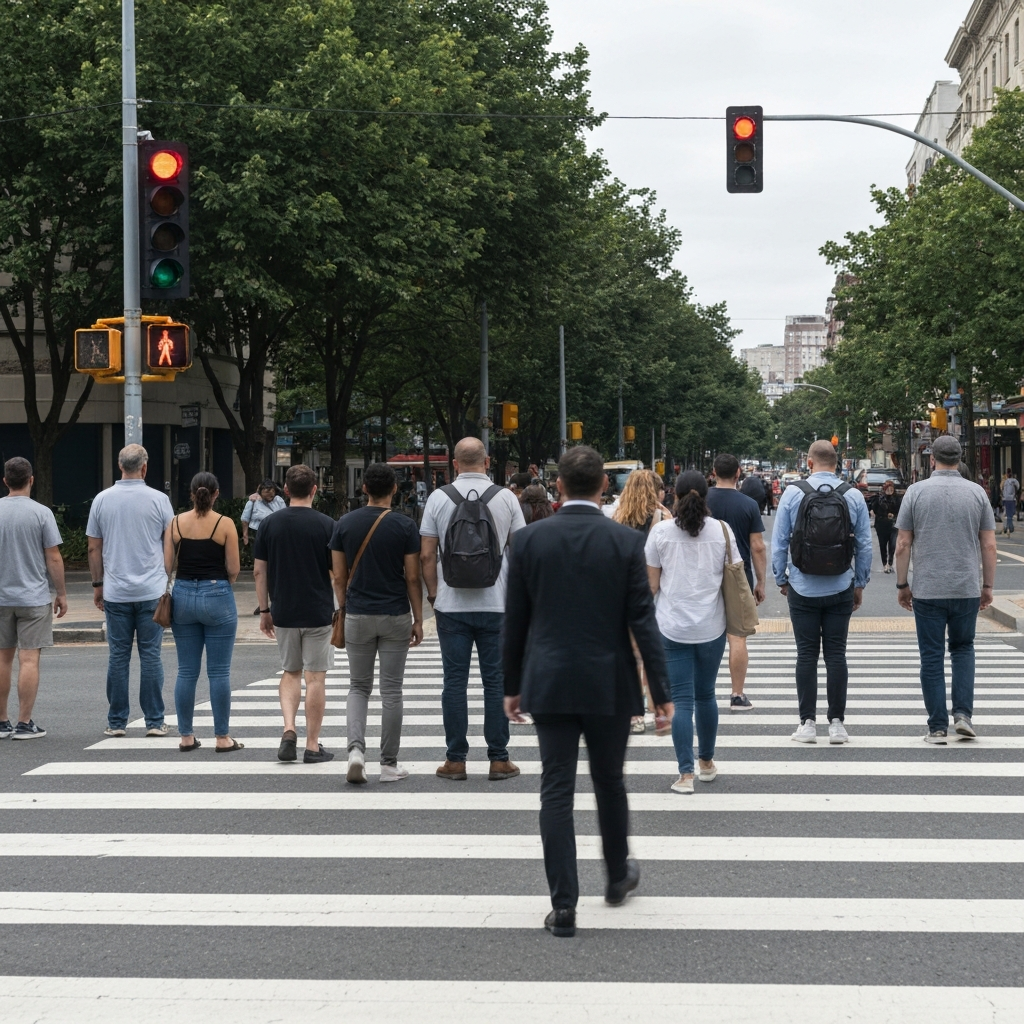 A crosswalk at a busy intersection during the day. A group of pedestrians waits for the walk signal before crossing. The streetlights are slightly blurred, indicating motion.